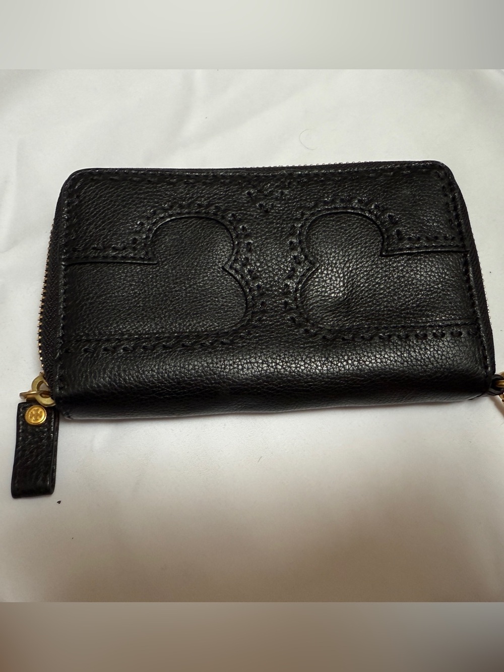 Tory Burch Black Leather Zip Wristlet Wallet with Gold Hardware
